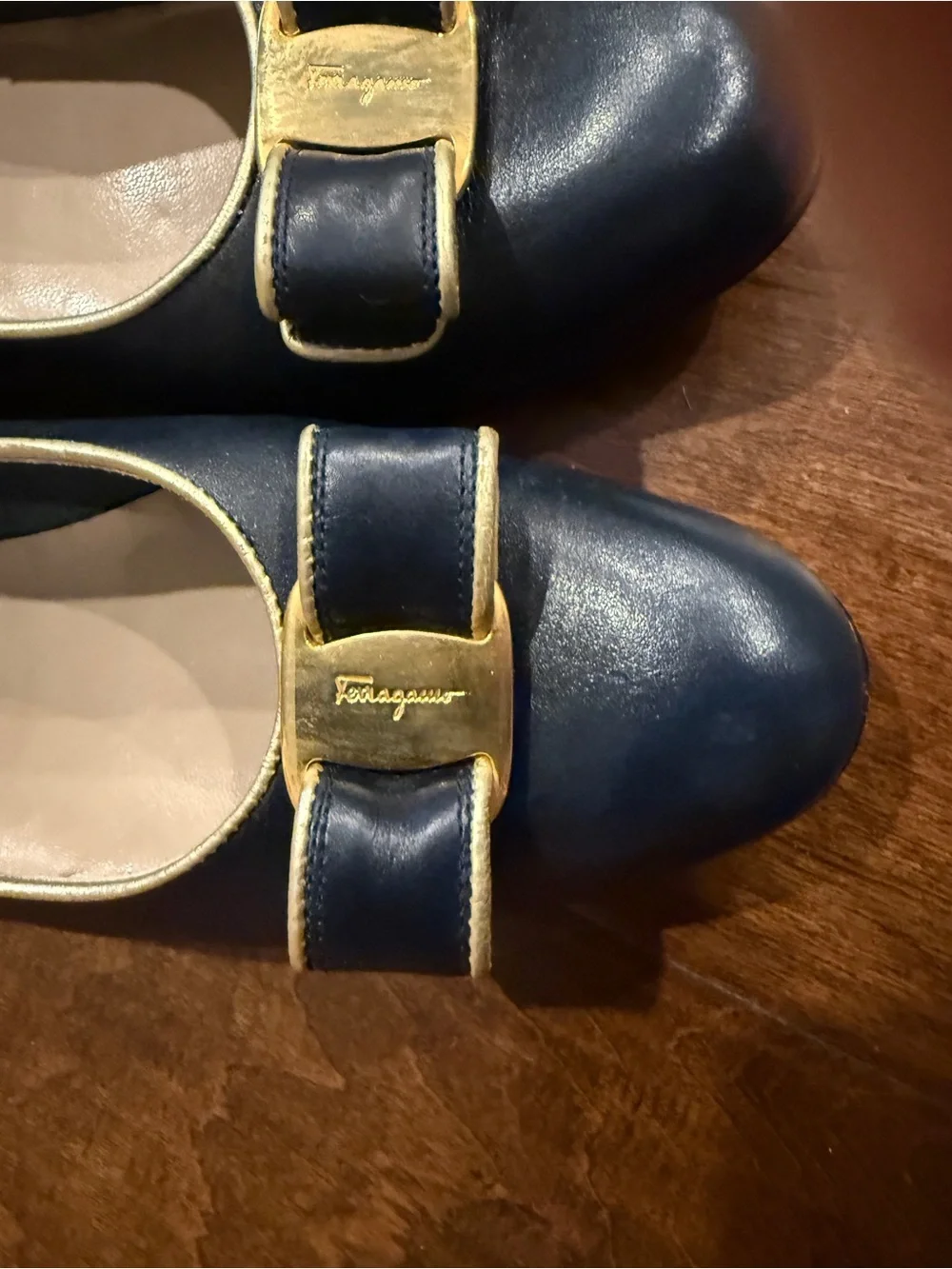 Salvatore Ferragamo Black Leather Vara Bow Flats with Gold Trim